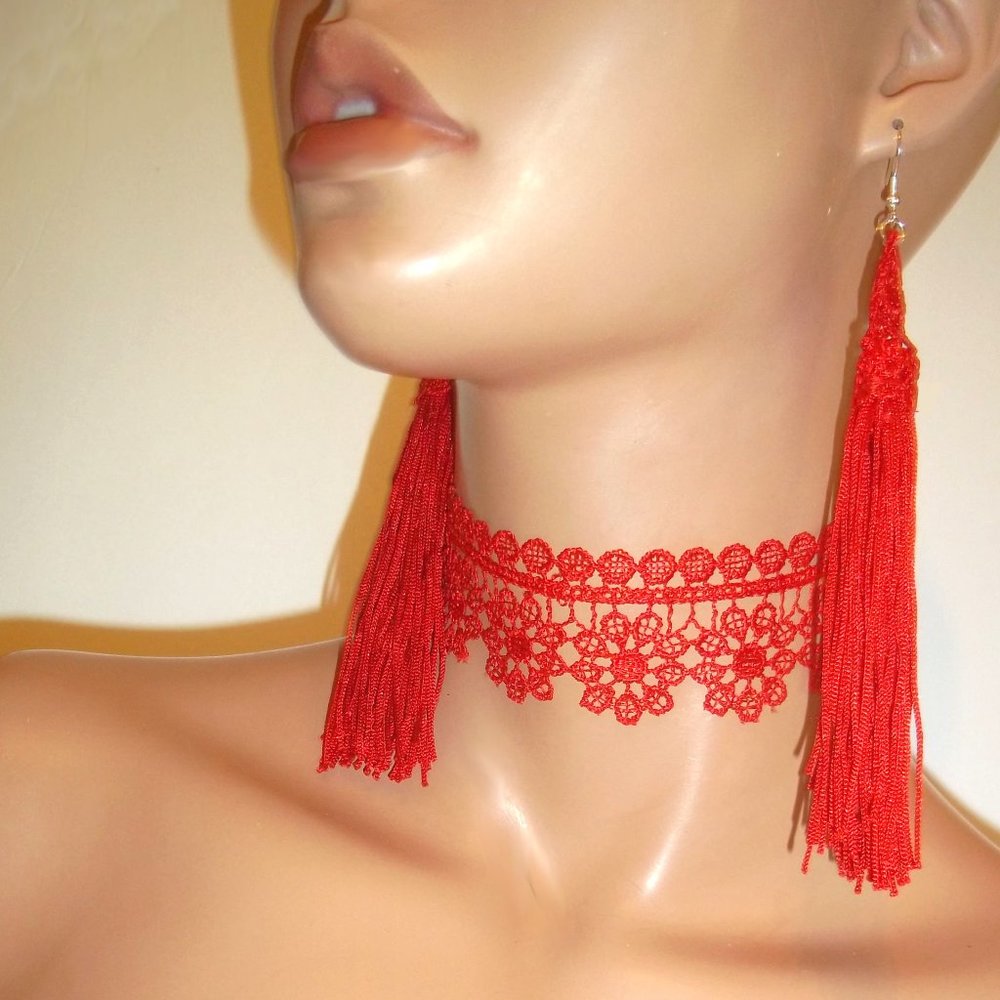 Red Jewelry Set, Red Tassel Earrings And Lace Choker, Red Accessories